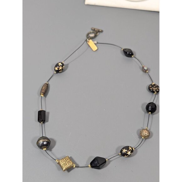 VTG Lonnie Lovness Black Gold Tone Star Bead Wire Station Necklace 20" - Picture 2 of 8